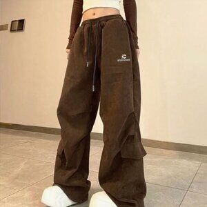 Brown Corduroy Baggy Multipocket Pants with Embroidered Design / US S